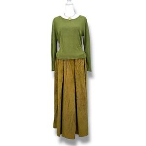 Italian Artwear Maxi Skirt M Corduroy Fairy Boho Indie Whimsy Earthy Olive Green